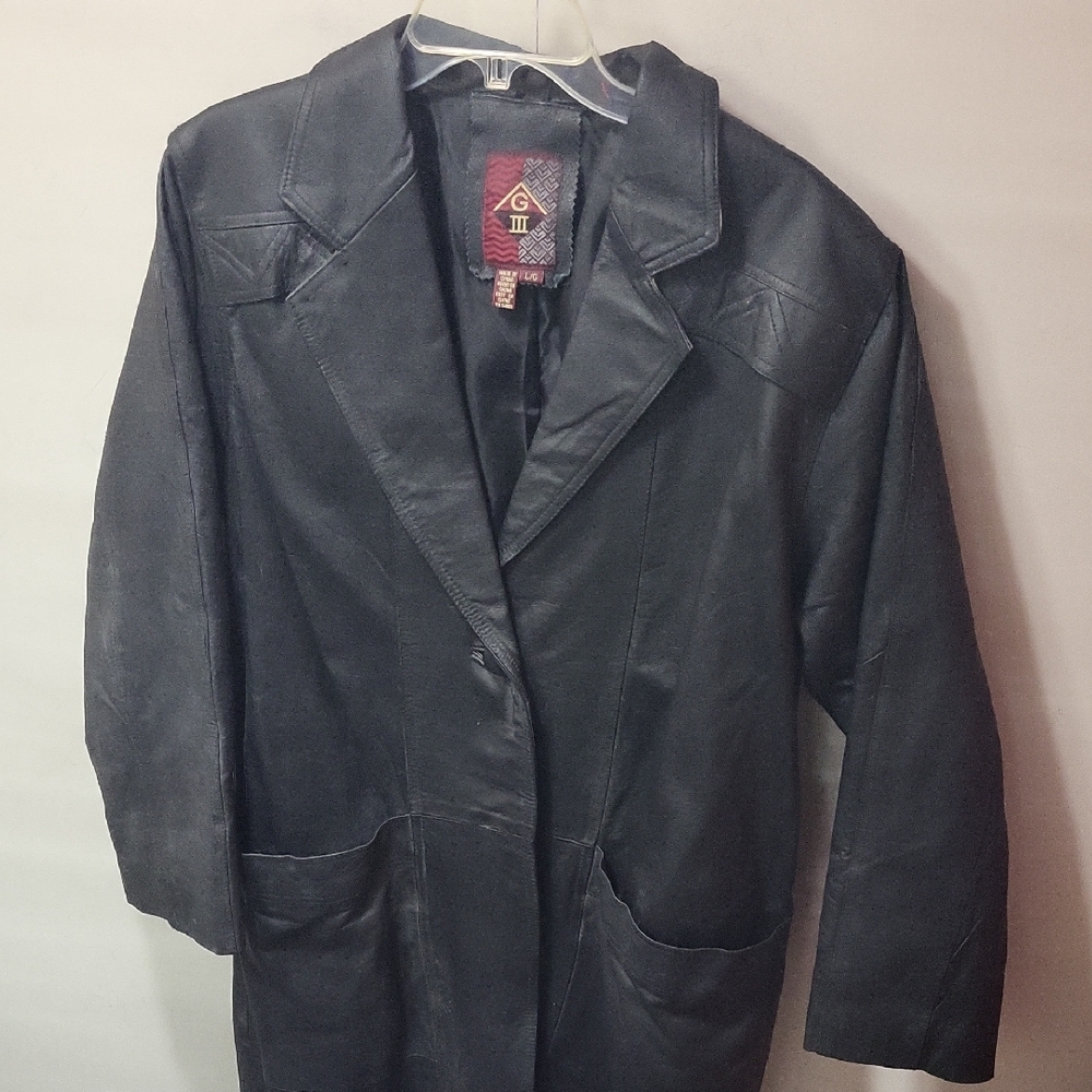 Full Length Black Leather Coat, Large.